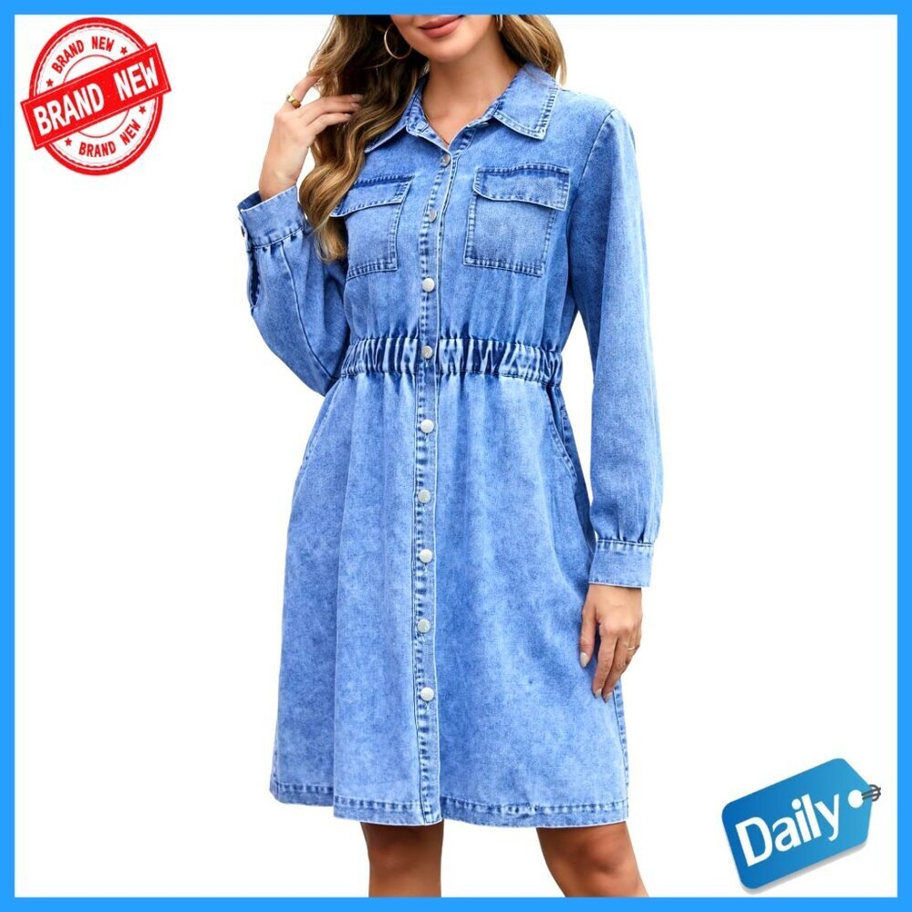 Denim Dress Long Sleeve Button Down Casual Mini Western Shirt Dress